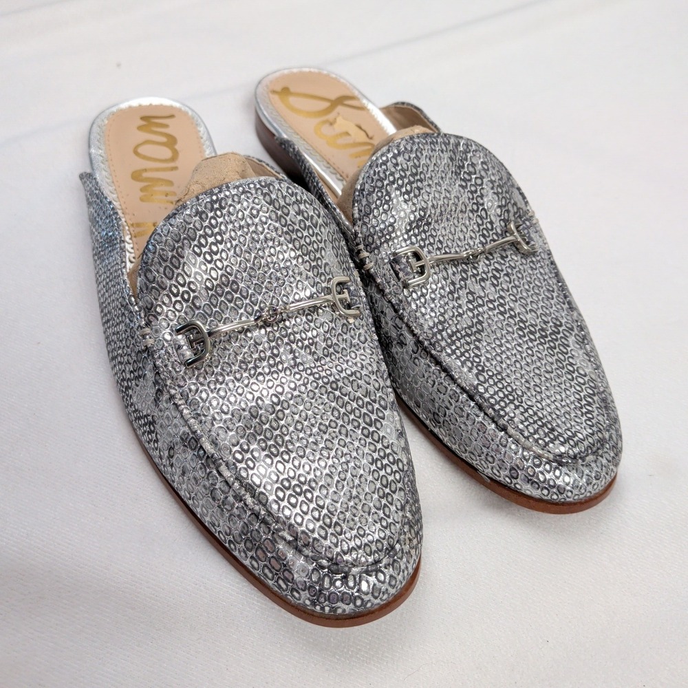 Sam Edelman Linnie Metallic Silver Leather Horsebit Mule Loafers Womens 7.5 M